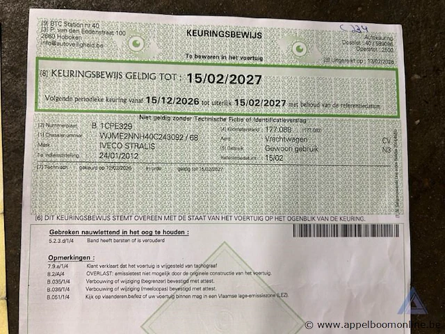 Huisvuilwagen iveco stralis pusher 2000, wjme2nnh40c243092, 1e insch 24/01/2012, 182234km, 7790cm³, 228kw, diesel, transm. automaat, euro 5, 3 assen, mtm 26000kg, tarra 14750kg, keur. tot 15/02/2027, insch , coc en identificatieverslag - afbeelding 10 van  20