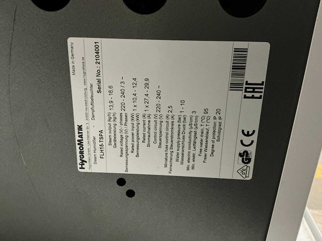 Hygromatic flexline flh15-tspa elektrisch heater steam humidifiers - afbeelding 4 van  4