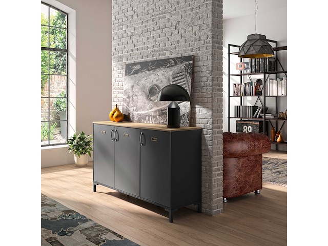 Industrieel dressoir manno 136cm 3 deuren - zwart - afbeelding 1 van  7
