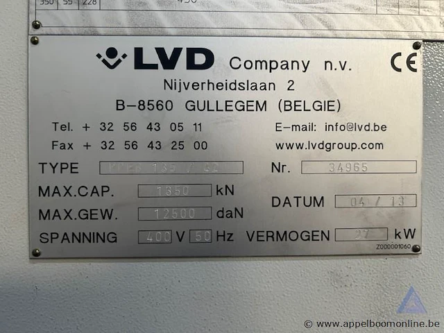 Industriële kantbank lvd easy-form ppeb 135/42, bouwjaar 2013, met een vermogen van 27 kw en een maximale capaciteit van 1350 kn. voorzien van een spanning van 400 v. - afbeelding 6 van  9