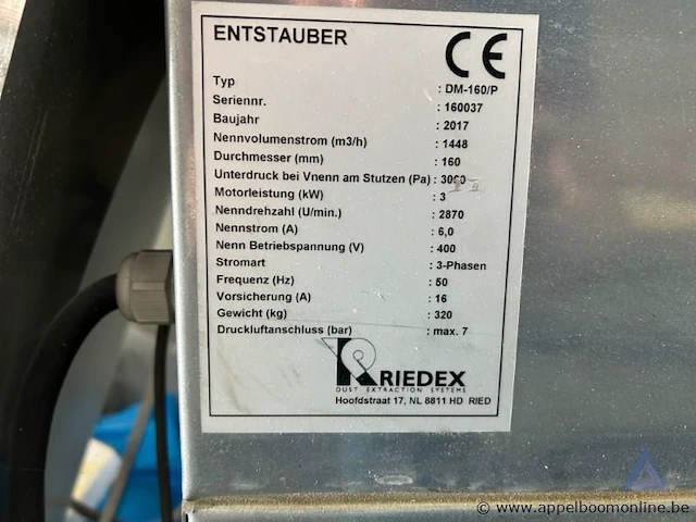 Industriële ontstoffer riedex dm-160/p, bouwjaar 2017. voorzien van een motorvermogen van 3 kw en een nominale bedrijfsspanning van 400 v (3-fasen). - afbeelding 3 van  3