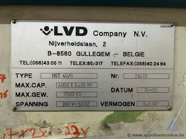 Industriële plaatschaar lvd hst 40/6, bouwjaar 1993. voorzien van een vermogen van 9,5 kw en een maximale capaciteit van 4050 x 6,35 mm. - afbeelding 4 van  6