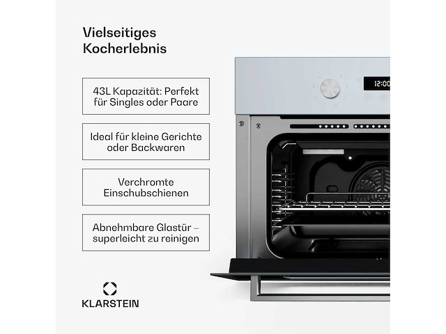 Ingebouwde compacte oven, 45 cm, 41 liter, 8 functies, afneembare glazen deur, timer - afbeelding 2 van  6
