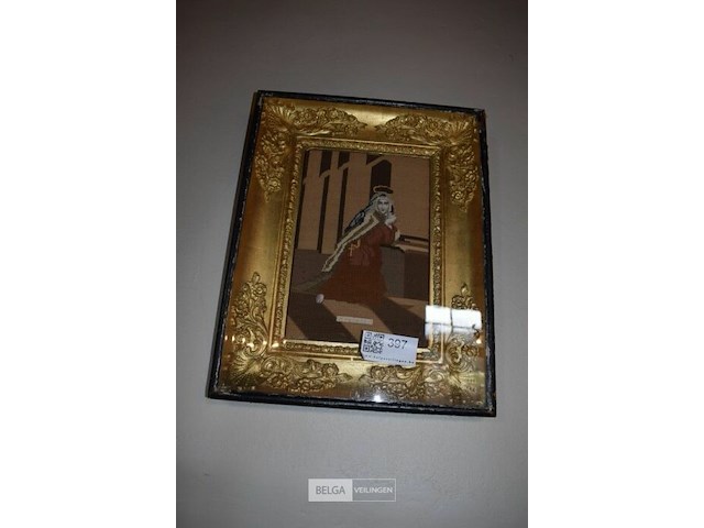 Ingelijst borduurwerk middeleeuwse dame - afbeelding 1 van  3