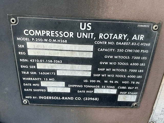 Ingersoll-rand co p-250-w-d-m-h268 deutz diesel motor luchtcompressor - afbeelding 6 van  20