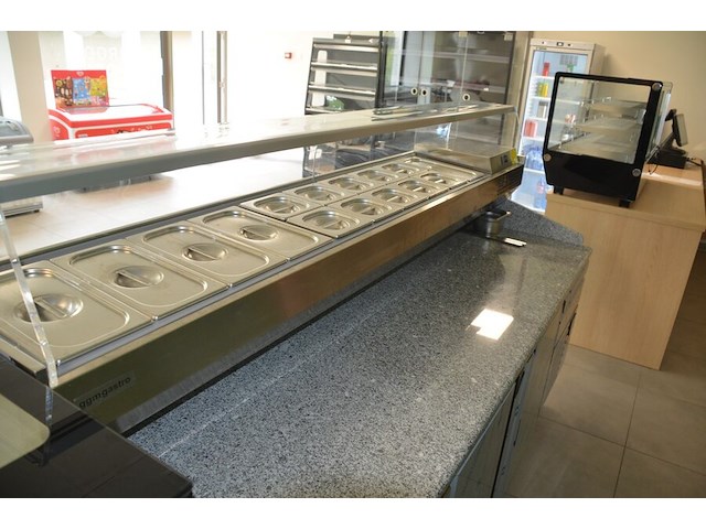 Inox koelwerkbank 3 deuren 1 lade met grijs granieten blad met opzet bainmarie afm. 2,30m lang - afbeelding 12 van  13