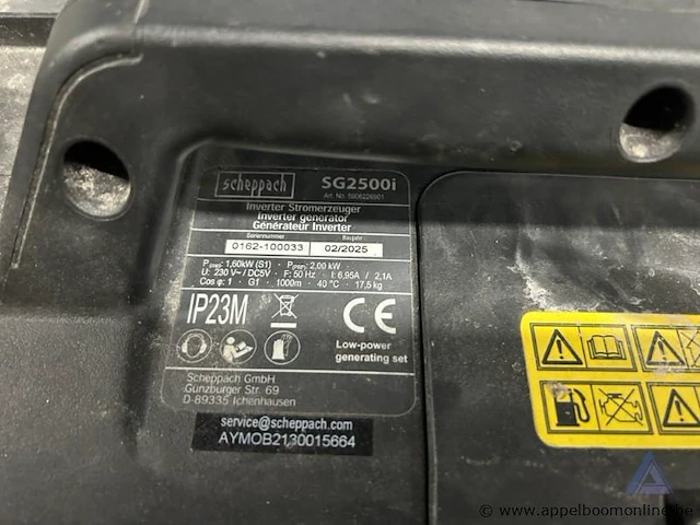 Inverter generator scheppach sg2500i, bouwjaar 2025. voorzien van een vermogen van 1,60 kw, een uitgangsspanning van 230 v en een gewicht van 17,5 kg. - afbeelding 2 van  5