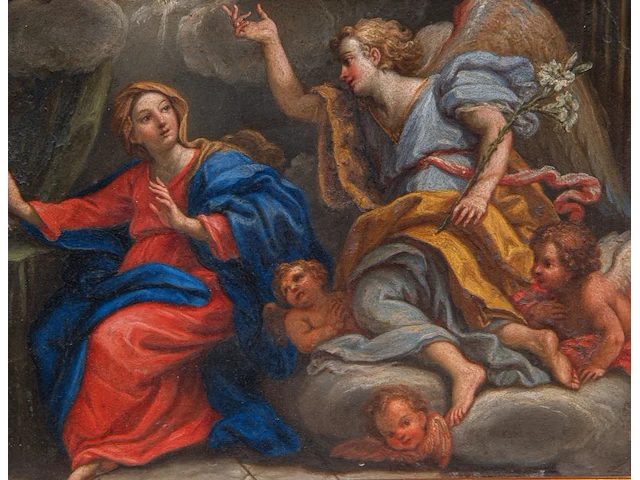 Italian school, the annunciation, oil on copper 17 x 22 cm. (6.69 x 8.66 in.), frame: 30 x 35 cm. (11.81 x 13.77 in.) - afbeelding 1 van  6