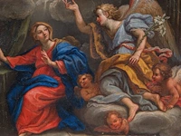 Italian school, the annunciation, oil on copper 17 x 22 cm. (6.69 x 8.66 in.), frame: 30 x 35 cm. (11.81 x 13.77 in.)