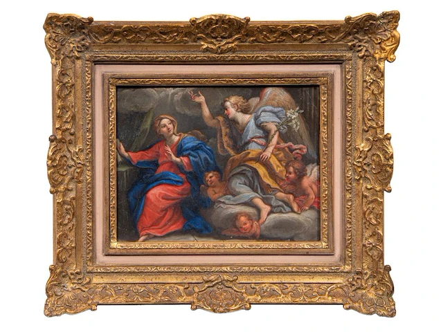 Italian school, the annunciation, oil on copper 17 x 22 cm. (6.69 x 8.66 in.), frame: 30 x 35 cm. (11.81 x 13.77 in.) - afbeelding 2 van  6