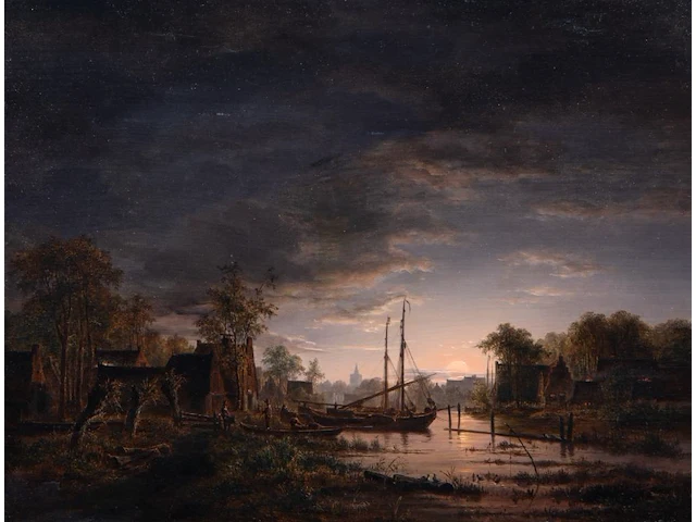 Jacobus theodorus abels (1803-1866), moonlit river landscape (abcoude), 1842, oil on oak 34 x 44 cm. (13.39 x 17.32 in.), frame: 48 x 57 cm. (18.89 x 22.44 in.) - afbeelding 1 van  5
