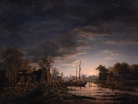 Jacobus theodorus abels (1803-1866), moonlit river landscape (abcoude), 1842, oil on oak 34 x 44 cm. (13.39 x 17.32 in.), frame: 48 x 57 cm. (18.89 x 22.44 in.)