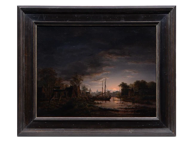 Jacobus theodorus abels (1803-1866), moonlit river landscape (abcoude), 1842, oil on oak 34 x 44 cm. (13.39 x 17.32 in.), frame: 48 x 57 cm. (18.89 x 22.44 in.) - afbeelding 2 van  5