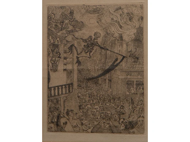 James ensor (1860-1949), 'la mort poursuivant le troupeau des humains' (1896), etching on van gelder & zonen vergé 23.5 x 17.5 cm. (9 1/4 x 6.88 in.), frame: 51 x 36 cm. (20.07 x 14.16 in.) - afbeelding 1 van  6