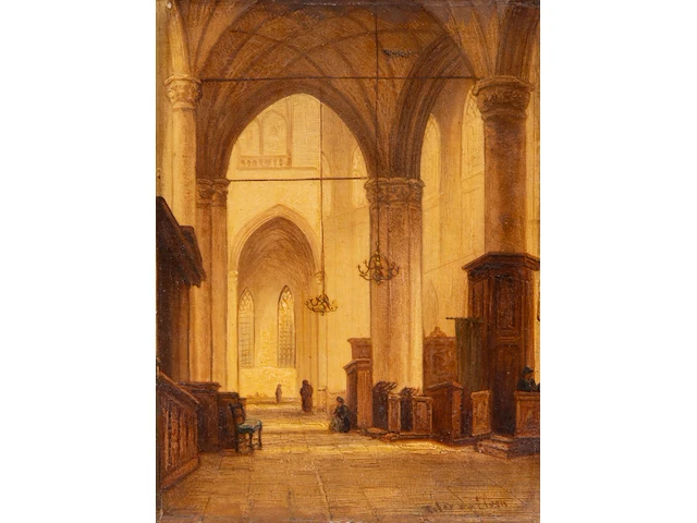 Jan baptist tetar van elven (1805-1879), church interior, oil on mahogany 20 x 15 cm. (7.87 x 5.91 in.), frame: 24 x 18.5 cm. (9.44 x 7.28 in.) - afbeelding 1 van  4