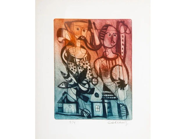 Jan cobbaert (1909-1995), untitled, colour etching, n° 1/4 22 x 16.5 cm. (8.66 x 6 1/2 in.), frame: 42 x 51 cm. (16.53 x 20.07 in.) - afbeelding 1 van  4