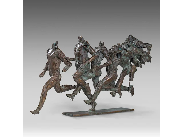 Jan desmarets (1961), runners, patinated bronze, artist proof 46 x 92 cm. (18.10 x 36.21 in.) - afbeelding 1 van  8