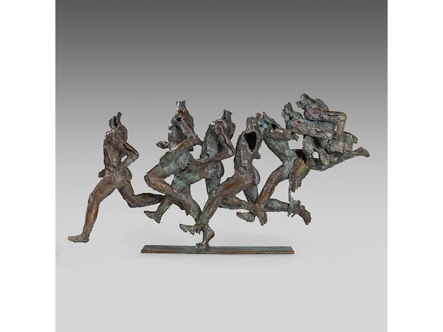 Jan desmarets (1961), runners, patinated bronze, artist proof 46 x 92 cm. (18.10 x 36.21 in.) - afbeelding 2 van  8