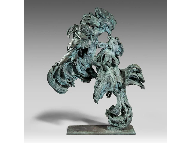 Jan desmarets (1961), two fighting roosters, green patinated bronze 80 cm. (31 1/2 in.) - afbeelding 1 van  8