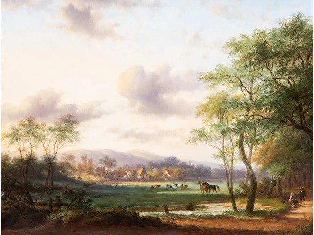 Jan evert ii morel (1835-1905), landscape with a village in the background, oil on panel 30 x 38.5 cm. (11.81 x 15.16 in.), frame: 48 x 56 cm. (18.89 x 22.05 in.) - afbeelding 1 van  7