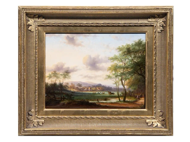 Jan evert ii morel (1835-1905), landscape with a village in the background, oil on panel 30 x 38.5 cm. (11.81 x 15.16 in.), frame: 48 x 56 cm. (18.89 x 22.05 in.) - afbeelding 2 van  7