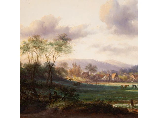 Jan evert ii morel (1835-1905), landscape with a village in the background, oil on panel 30 x 38.5 cm. (11.81 x 15.16 in.), frame: 48 x 56 cm. (18.89 x 22.05 in.) - afbeelding 4 van  7