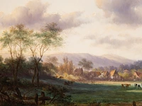 Jan evert ii morel (1835-1905), landscape with a village in the background, oil on panel 30 x 38.5 cm. (11.81 x 15.16 in.), frame: 48 x 56 cm. (18.89 x 22.05 in.) - afbeelding 4 van  7