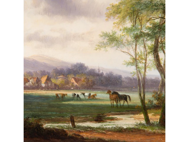 Jan evert ii morel (1835-1905), landscape with a village in the background, oil on panel 30 x 38.5 cm. (11.81 x 15.16 in.), frame: 48 x 56 cm. (18.89 x 22.05 in.) - afbeelding 5 van  7