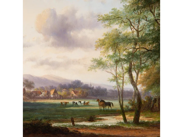 Jan evert ii morel (1835-1905), landscape with a village in the background, oil on panel 30 x 38.5 cm. (11.81 x 15.16 in.), frame: 48 x 56 cm. (18.89 x 22.05 in.) - afbeelding 6 van  7