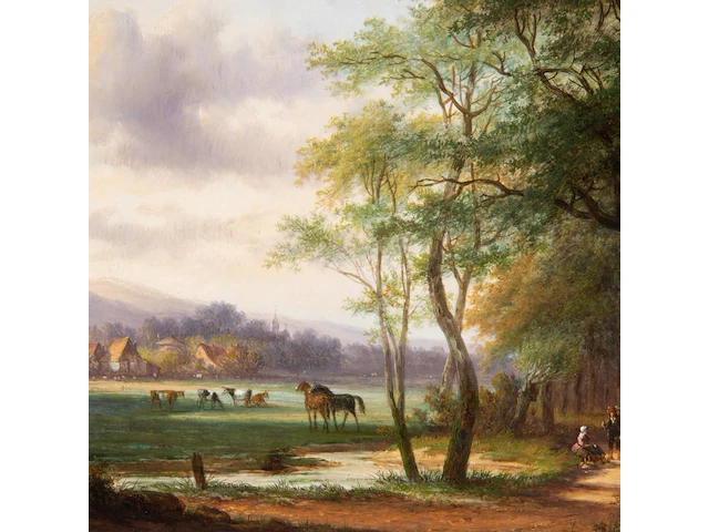 Jan evert ii morel (1835-1905), landscape with a village in the background, oil on panel 30 x 38.5 cm. (11.81 x 15.16 in.), frame: 48 x 56 cm. (18.89 x 22.05 in.) - afbeelding 7 van  7