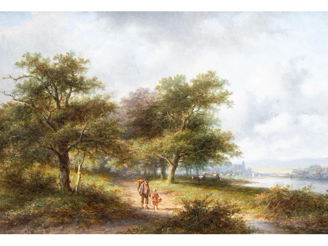 Jan evert ii morel (1835-1905), travellers on a country road, oil on mahogany 20 x 29 cm. (7.87 x 11.41 in.), frame: 29 x 37 cm. (11.41 x 14.57 in.) - afbeelding 1 van  5