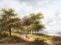 Jan evert ii morel (1835-1905), travellers on a country road, oil on mahogany 20 x 29 cm. (7.87 x 11.41 in.), frame: 29 x 37 cm. (11.41 x 14.57 in.)