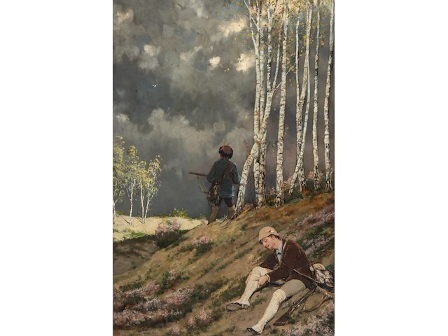 Jan van beers (1852-1927), hunters under stormy weather, 1879, oil on mahogany 60 x 39 cm. (23.62 x 15.34 in.), frame: 85 x 65 cm. (33.46 x 25.58 in.) - afbeelding 1 van  6