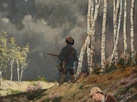 Jan van beers (1852-1927), hunters under stormy weather, 1879, oil on mahogany 60 x 39 cm. (23.62 x 15.34 in.), frame: 85 x 65 cm. (33.46 x 25.58 in.)
