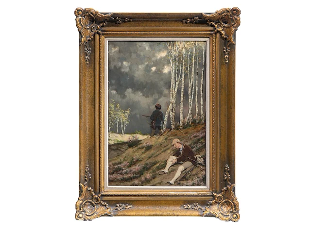 Jan van beers (1852-1927), hunters under stormy weather, 1879, oil on mahogany 60 x 39 cm. (23.62 x 15.34 in.), frame: 85 x 65 cm. (33.46 x 25.58 in.) - afbeelding 2 van  6
