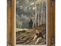 Jan van beers (1852-1927), hunters under stormy weather, 1879, oil on mahogany 60 x 39 cm. (23.62 x 15.34 in.), frame: 85 x 65 cm. (33.46 x 25.58 in.) - afbeelding 2 van  6