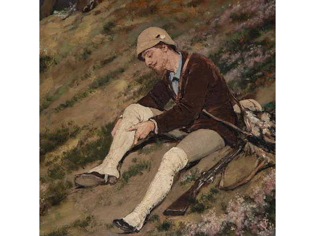 Jan van beers (1852-1927), hunters under stormy weather, 1879, oil on mahogany 60 x 39 cm. (23.62 x 15.34 in.), frame: 85 x 65 cm. (33.46 x 25.58 in.) - afbeelding 3 van  6