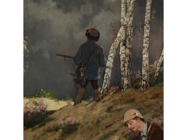 Jan van beers (1852-1927), hunters under stormy weather, 1879, oil on mahogany 60 x 39 cm. (23.62 x 15.34 in.), frame: 85 x 65 cm. (33.46 x 25.58 in.) - afbeelding 4 van  6