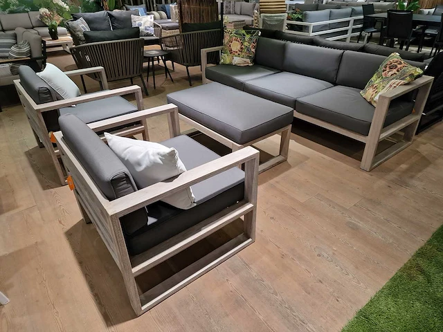 Jati-kebon teak lounge sofa set hamilton grijs met kussens olefin - afbeelding 1 van  12