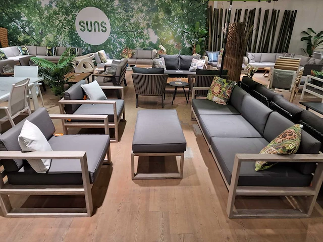 Jati-kebon teak lounge sofa set hamilton grijs met kussens olefin - afbeelding 5 van  12