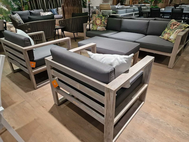 Jati-kebon teak lounge sofa set hamilton grijs met kussens olefin - afbeelding 7 van  12