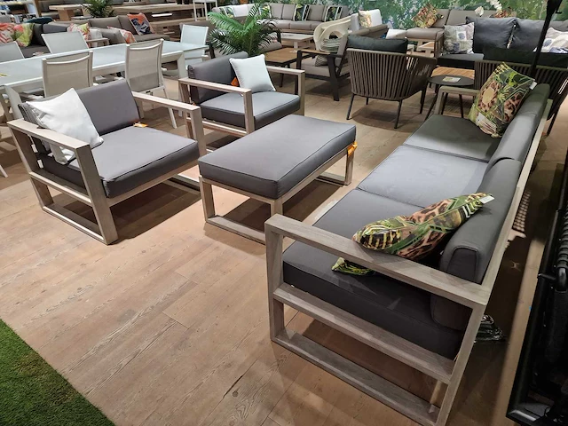 Jati-kebon teak lounge sofa set hamilton grijs met kussens olefin - afbeelding 6 van  12