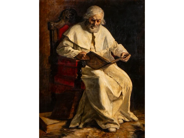 Jean joseph delvin (1853-1922), portrait of a reading monk, oil on canvas 115 x 90 cm. (45.28 x 35.42 in.), frame: 148 x 123 cm. (58.27 x 48.42 in.) - afbeelding 1 van  6