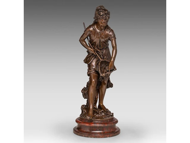 Jean-louis grégoire (1840-1890), a girl fishing, patinated bronze on a marble base the bronze: 49 cm. (19.28 in.), including base: 55 cm. (21.64 in.) - afbeelding 1 van  8