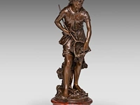 Jean-louis grégoire (1840-1890), a girl fishing, patinated bronze on a marble base the bronze: 49 cm. (19.28 in.), including base: 55 cm. (21.64 in.)