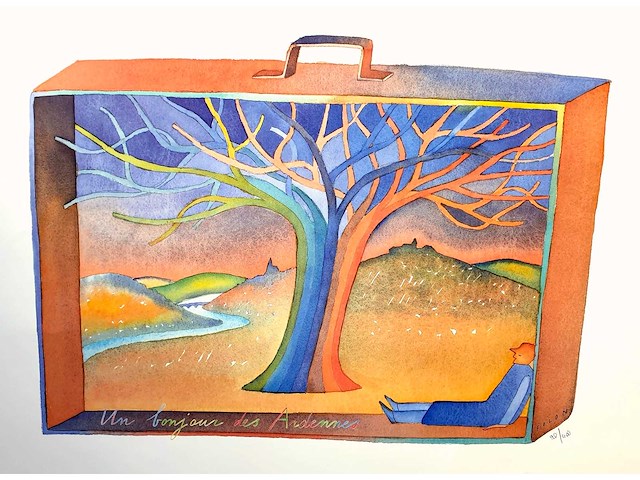 Jean-michel folon - un bonjour des ardennes - litho - afbeelding 1 van  4