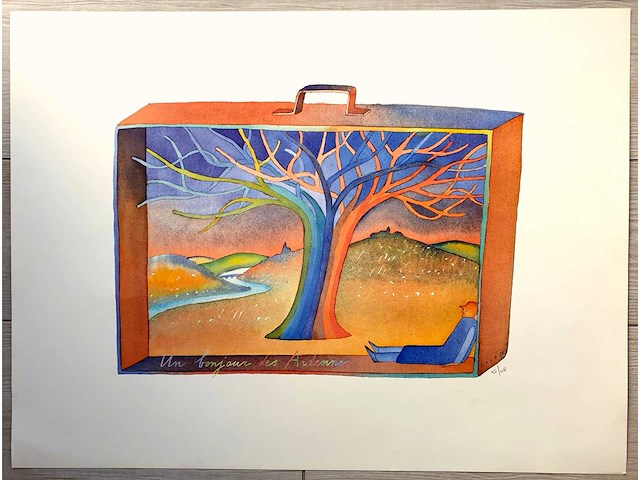 Jean-michel folon - un bonjour des ardennes - litho - afbeelding 2 van  4