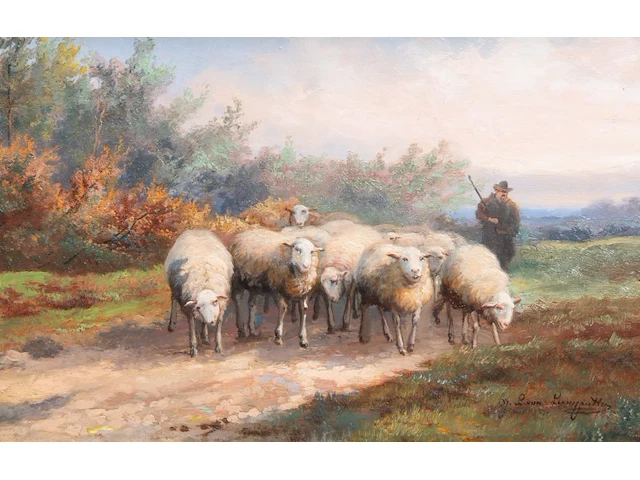 Jef louis van leemputten (1867-1948), shepherd with his flock of sheep, oil on panel 21 x 32 cm. (8.26 x 12.59 in.), frame: 42 x 53 cm. (16.53 x 20.87 in.) - afbeelding 1 van  5