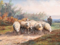Jef louis van leemputten (1867-1948), shepherd with his flock of sheep, oil on panel 21 x 32 cm. (8.26 x 12.59 in.), frame: 42 x 53 cm. (16.53 x 20.87 in.)