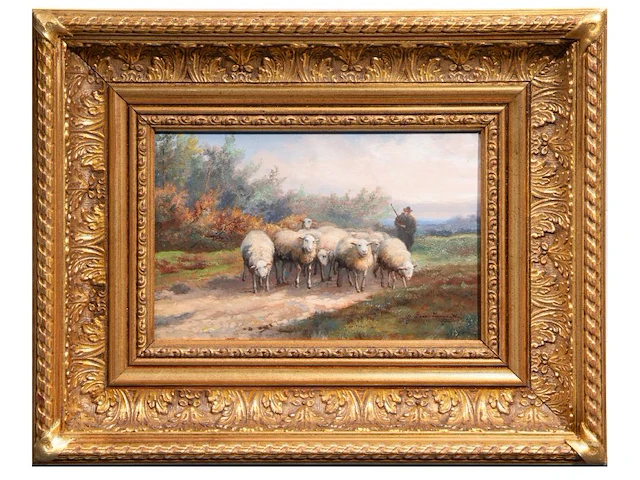 Jef louis van leemputten (1867-1948), shepherd with his flock of sheep, oil on panel 21 x 32 cm. (8.26 x 12.59 in.), frame: 42 x 53 cm. (16.53 x 20.87 in.) - afbeelding 2 van  5